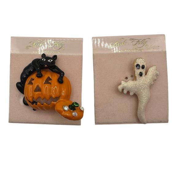 Kirks Folly Halloween Brooches Black Cat with Jack O Lantern & Ghost Festive - Picture 4 of 15